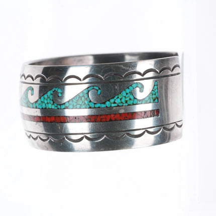 6.9" Navajo chip inlay water/wave sterling silver vintage cuff bracelet