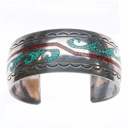 6.9" Navajo chip inlay water/wave sterling silver vintage cuff bracelet