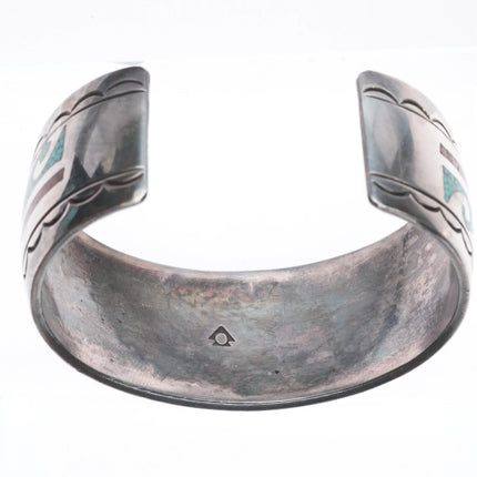 6.9" Navajo chip inlay water/wave sterling silver vintage cuff bracelet