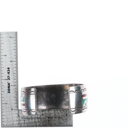 6.9" Navajo chip inlay water/wave sterling silver vintage cuff bracelet