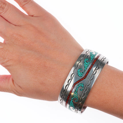 6.9" Navajo chip inlay water/wave sterling silver vintage cuff bracelet