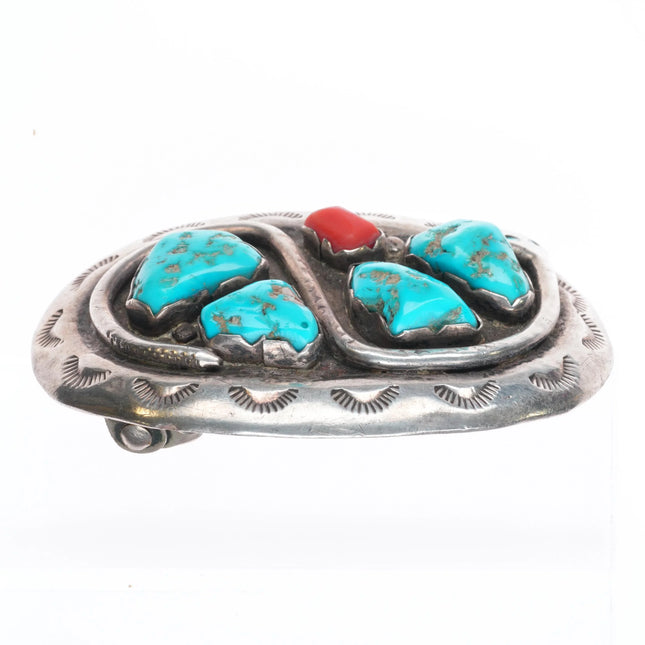 Vintage Effie Calavaza Zuni Sterling silver snakes belt buckle turquoise/coral 1