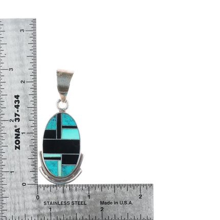 Ray Tracey Knifewing sterling silver, turquoise, black jade channel inlay pendant