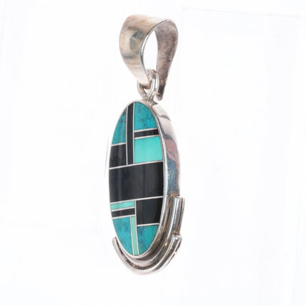 Ray Tracey Knifewing sterling silver, turquoise, black jade channel inlay pendant