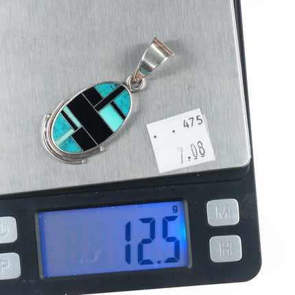 Ray Tracey Knifewing sterling silver, turquoise, black jade channel inlay pendant