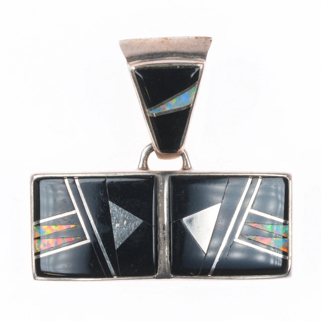 Calvin Begay Navajo sterling silver, onyx, opal inlay pendant