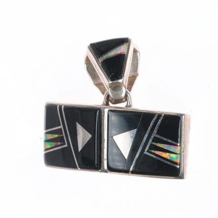 Calvin Begay Navajo sterling silver, onyx, opal inlay pendant