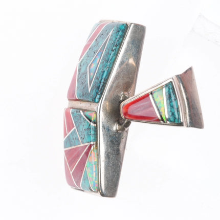 Calvin Begay Navajo sterling silver, spiderweb turquoise/coral inlay pendant