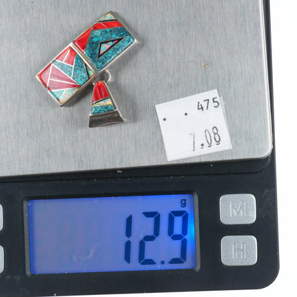 Calvin Begay Navajo sterling silver, spiderweb turquoise/coral inlay pendant