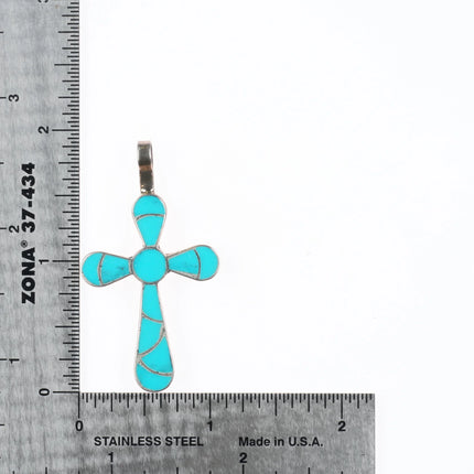 Johnson Zuni sterling silver channel inlay turquoise cross pendant