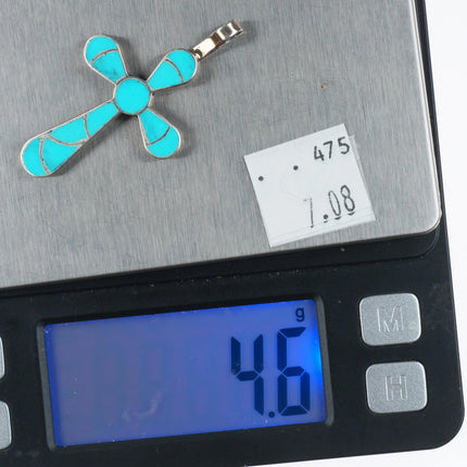 Johnson Zuni sterling silver channel inlay turquoise cross pendant