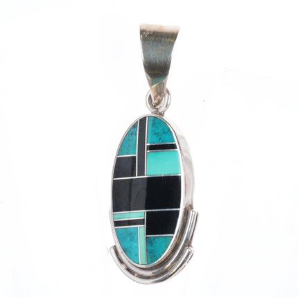 Ray Tracey Knifewing sterling silver, turquoise, black jade channel inlay pendant