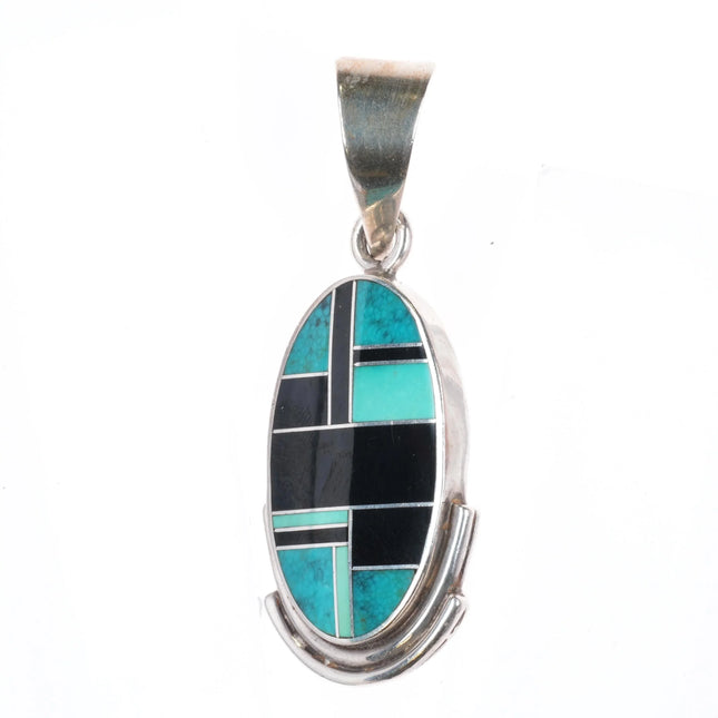 Ray Tracey Knifewing sterling silver, turquoise, black jade channel inlay pendant
