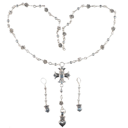 Queen/King Baby Maltese Cross Heart Crowned Rose Sterling Silver Rosary Necklace