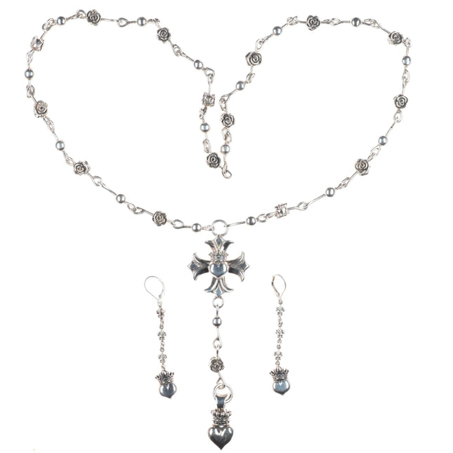 Queen/King Baby Maltese Cross Heart Crowned Rose Sterling Silver Rosary Necklace