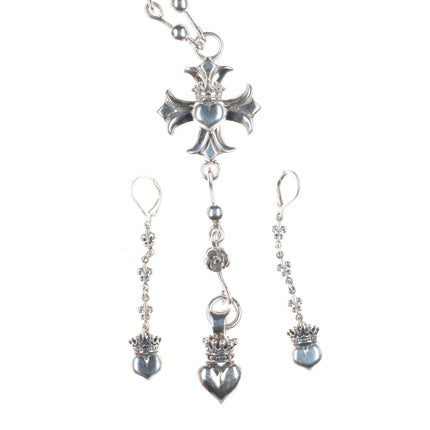 Queen/King Baby Maltese Cross Heart Crowned Rose Sterling Silver Rosary Necklace