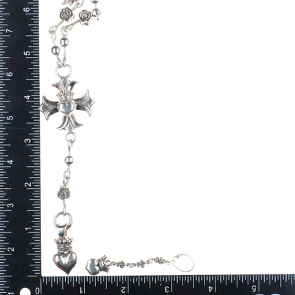 Queen/King Baby Maltese Cross Heart Crowned Rose Sterling Silver Rosary Necklace