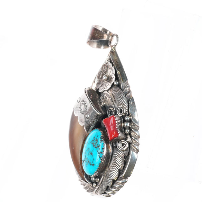 Large vintage Navajo sterling silver, turquoise/coral racoon Claw pendant