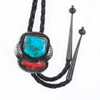 c1960 c-31 Navajo sterling silver, turquoise/coral bolo tie w/feather design