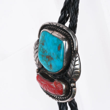 c1960 c-31 Navajo sterling silver, turquoise/coral bolo tie w/feather design