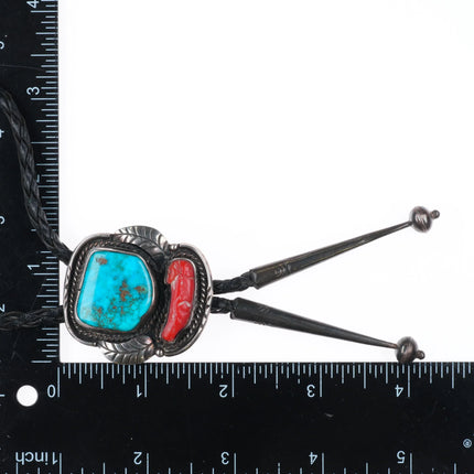 c1960 c-31 Navajo sterling silver, turquoise/coral bolo tie w/feather design