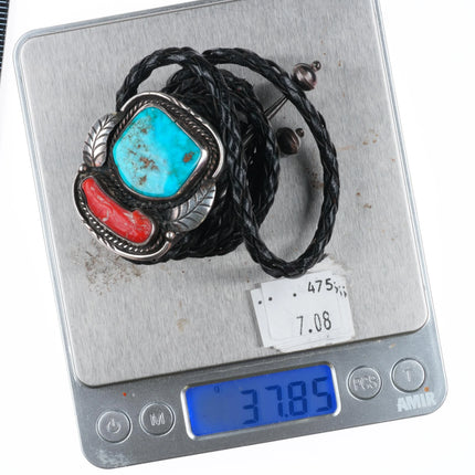 c1960 c-31 Navajo sterling silver, turquoise/coral bolo tie w/feather design