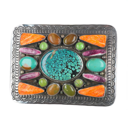 Large Roy Buck Navajo sterling silver multi-stone turquoise/shell belt buckle