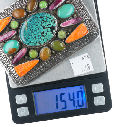 Large Roy Buck Navajo sterling silver multi-stone turquoise/shell belt buckle