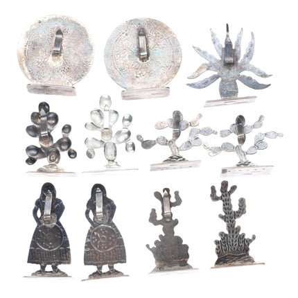 c1940 Maciel Mexican sterling silver Place holder set Cacti/Aztec calendar, etc