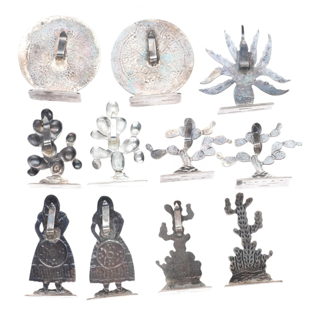 c1940 Maciel Mexican sterling silver Place holder set Cacti/Aztec calendar, etc