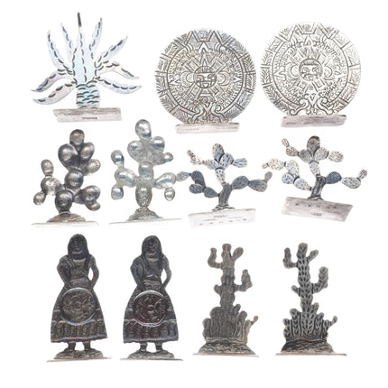 c1940 Maciel Mexican sterling silver Place holder set Cacti/Aztec calendar, etc