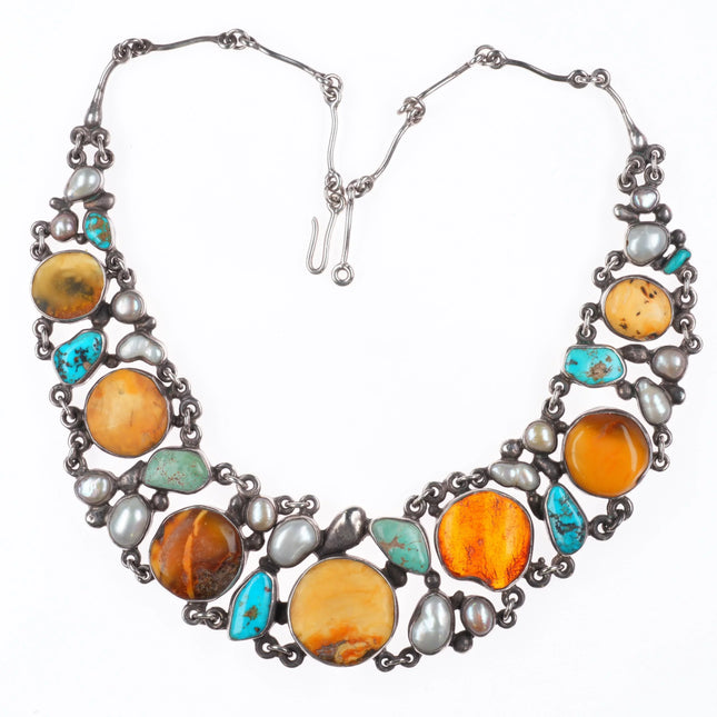 Jan Pomianowski Turquoise, baroque pearl, Butterscotch Amber sterling necklace