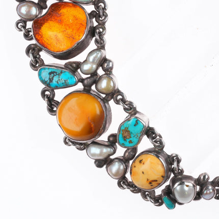 Jan Pomianowski Turquoise, baroque pearl, Butterscotch Amber sterling necklace