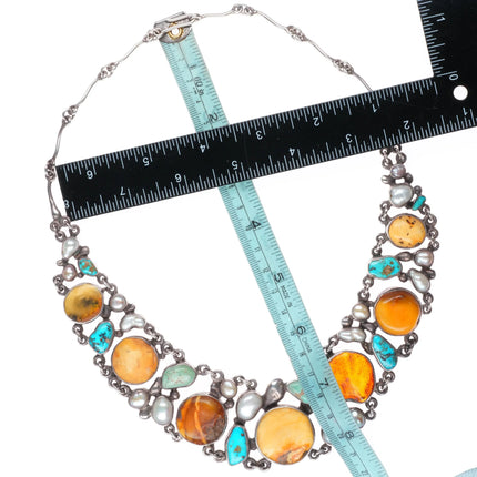 Jan Pomianowski Turquoise, baroque pearl, Butterscotch Amber sterling necklace
