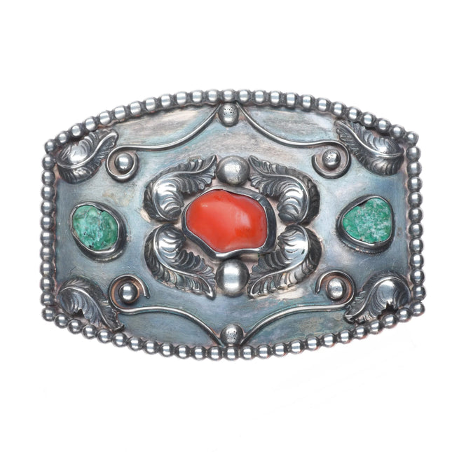 Vintage Navajo sterling silver turquoise/coral beaded edge western belt buckle