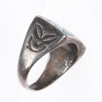 sz10.5 c1940 Zuni sterling silver turquoise inlay ring w/smiley face stampings