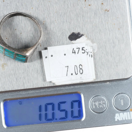 sz10.5 c1940 Zuni sterling silver turquoise inlay ring w/smiley face stampings