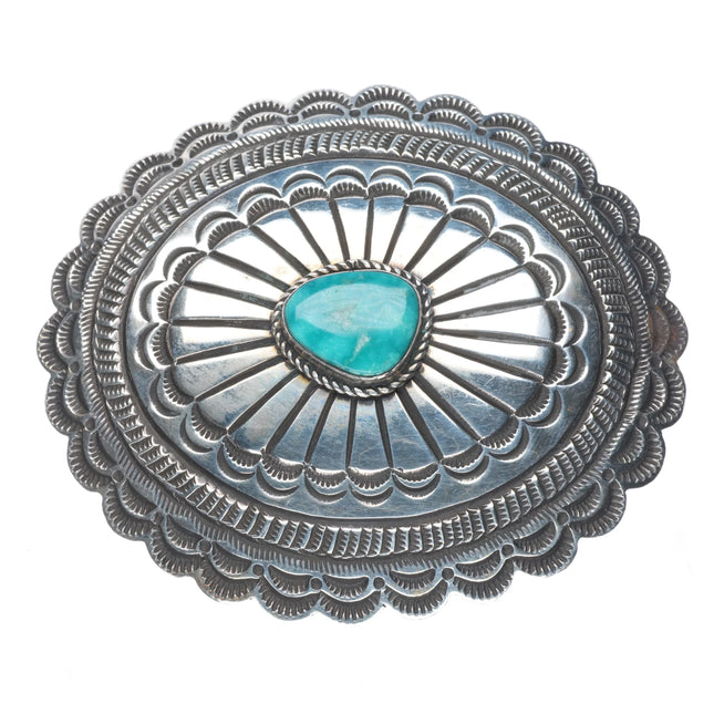 Leonard Maloney Navajo sterling silver heavily stamped turquoise belt buckle