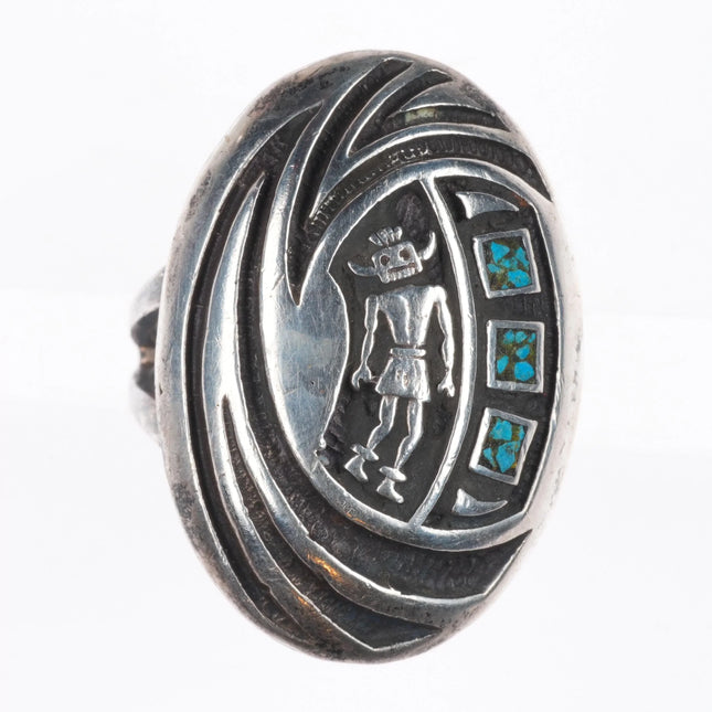 sz9 TH Vintage Navajo sterling silver turquoise  Kachina overlay ring