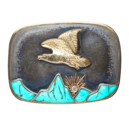 Diamond .26ct 14k gold/Sterling silver turquoise patriotic eagle belt buckle