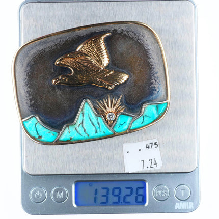 Diamond .26ct 14k gold/Sterling silver turquoise patriotic eagle belt buckle