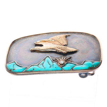 Diamond .26ct 14k gold/Sterling silver turquoise patriotic eagle belt buckle
