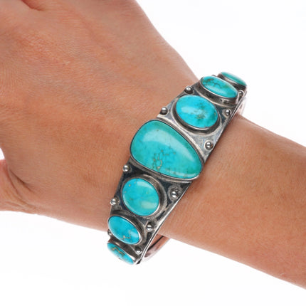 7.1" 30's-40's Ingot silver Navajo graduated row cuff bracelet w/nice turquose