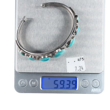 7.1" 30's-40's Ingot silver Navajo graduated row cuff bracelet w/nice turquose