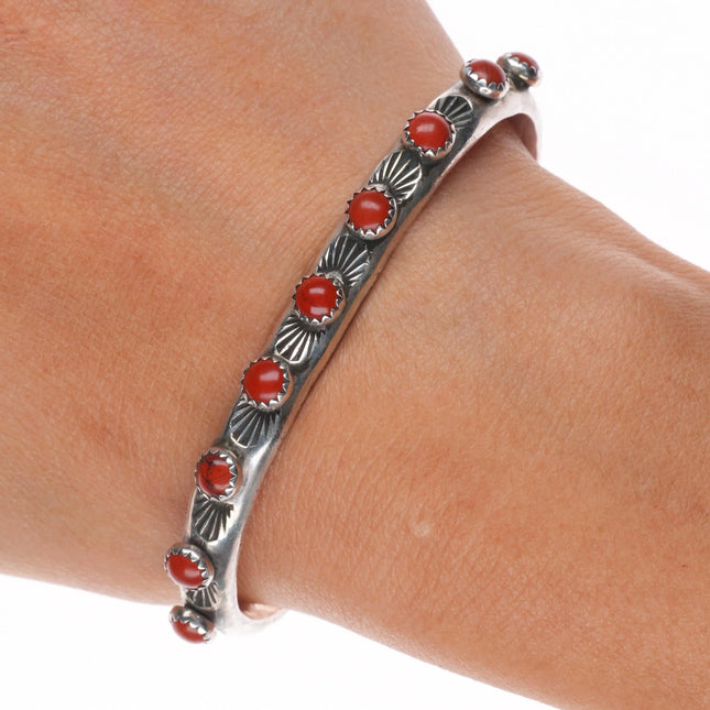 6.6" MS Navajo vintage sterling silver Mediterranean coral row cuff bracelet