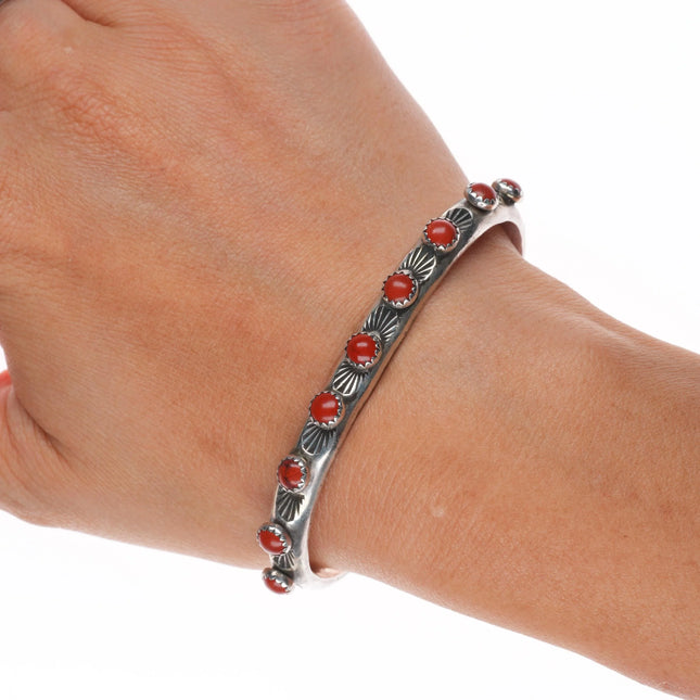 6.6" MS Navajo vintage sterling silver Mediterranean coral row cuff bracelet
