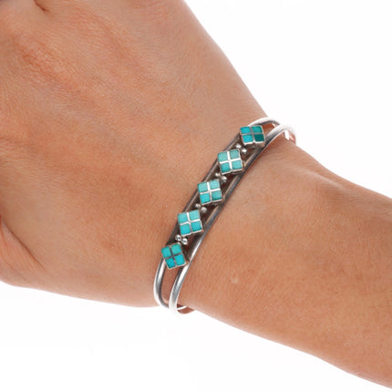 6.1" Vintage Dishta Zuni sterling silver flush inlay turquoise cuff bracelet