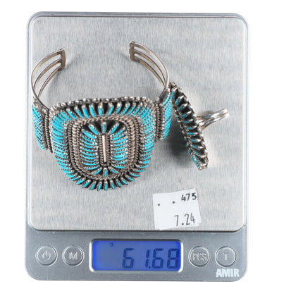 6.6" Cuff sz7.5 ring Jason Yazzie Zuni sterling silver needlepoint turquoise set