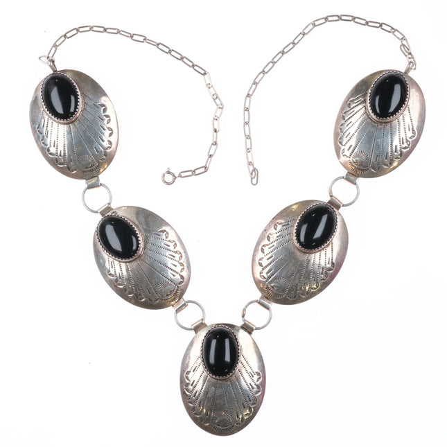 Vintage Navajo sterling silver/onyx conchos bib link necklace