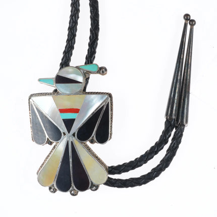 Large Vintage Zuni sterling silver thunderbird shell/stone inlay bolo tie